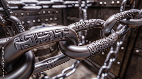 A chain made of digital blocks, each link engraved with security symbols, encircling a vault of virtual assets, illustrating the strength and integrity of blockchain security. 