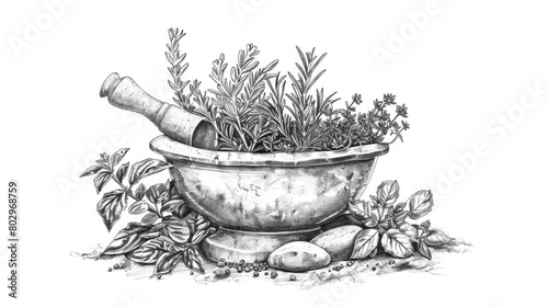 A detailed illustration of a mortar filled with various herbs. Ideal for herbal medicine or cooking concepts