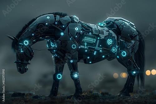 Equine-Machine Chimera Analyzing Holographic Schematics in Moody Futuristic Landscape Inspired by Afrofuturism
