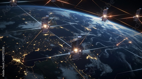A network of satellites beaming encrypted signals to a shielded server on earth, illustrating the global scale of cyber security efforts to protect data transmissions. 