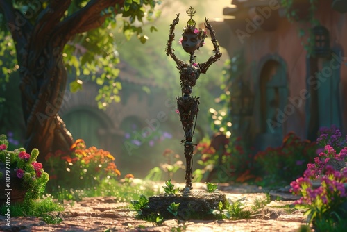 A beautiful statue of a woman made of metal and flowers stands in a lush garden.