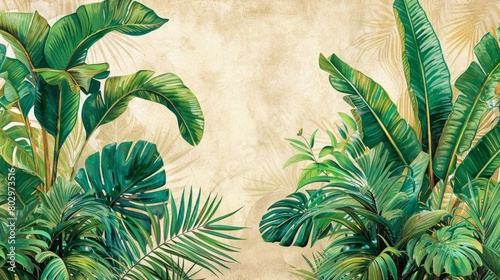 A mural of green tropical leaves on a beige background.