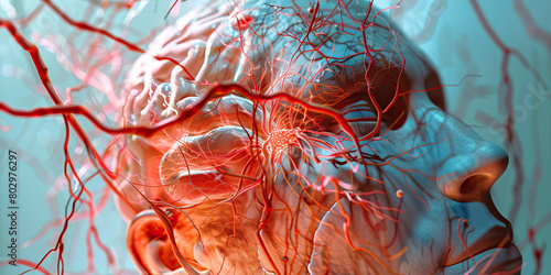 Moyamoya Disease: The Progressive Blood Vessel Blockage and Stroke Risk - Picture a person with a highlighted blocked blood vessel in the brain, at risk for stroke due to Moyamoya disease