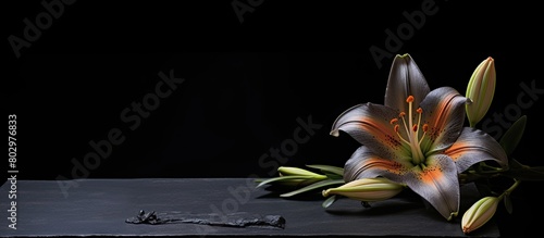 A condolence card with copy space featuring a dark stone adorned with a lily funeral flower