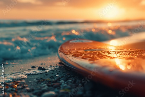 A surfboard is lying on the sand near the water, sunset. Natural background. Vacation at the sea. Surfing as a sport. Background for the design. Summer activities