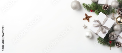 A festive Christmas composition with a gift box a small tree DIY decorations and branches on a white background It showcases the New Year concept and can be used for home decoration The flat lay pers