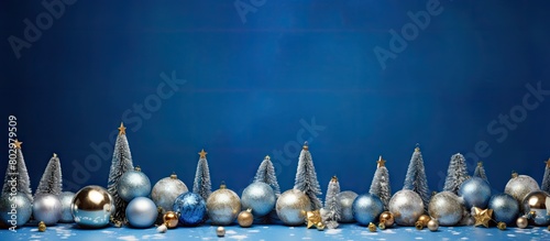 A festive display of Christmas decorations arranged on a blue background accompanied by copy space for additional images or text