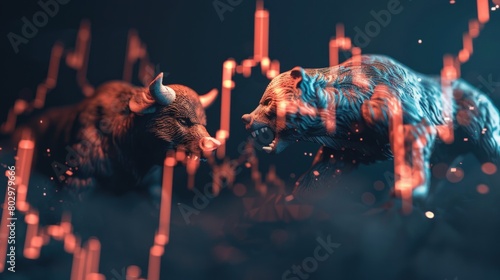 the clash between bull and bear markets is illustrated through a candle stock graph chart, symbolizing the ongoing struggle and strategies of traders in the financial realm