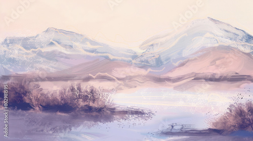 Painting of a mountain landscape in pastel colors. Art abstract acrylic and watercolor smear blot painting.