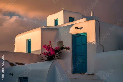 Traditional Greek Island Architecture with Vibrant Sunset and Floral Accents