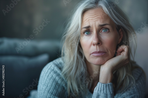 Upset mature woman sitting alone, feeling lonely and unwell