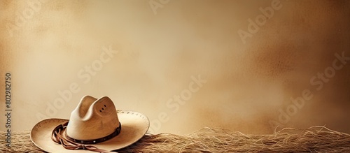 A cowhide with a light colored lariat rope and a straw cowboy hat placed on top creating a visually appealing copy space image