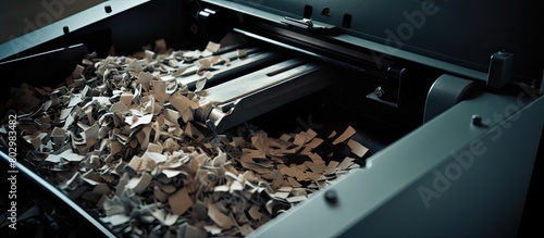 A closeup view of the paper shredder s interior showing the visible shredding mechanism and bits of paper scattered within Copy space image