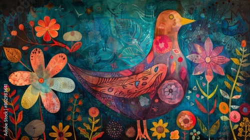 A whimsical bird with bright colors and intricate patterns stands in a field of flowers.