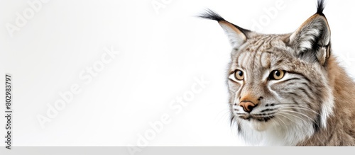 A close up portrait of a European lynx Lynx lynx with a white background allowing for ample copy space in the image