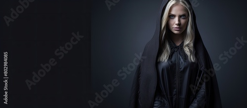 A beautiful blonde woman dressed in gothic attire with a black dress and hooded cloak strikes a standing pose against a grey background in a full length portrait The image provides ample copy space