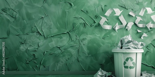 The background is completely mix Green and White with no texture and white Recycling bin is in the right hand side