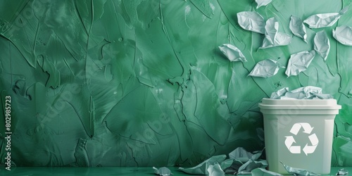 The background is completely mix Green and White with no texture and white Recycling bin is in the right hand side