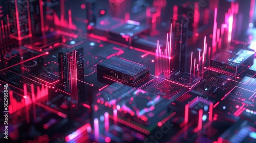 A computer chip with a city on it. The city is made up of many small squares and is very colorful