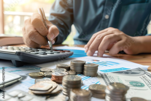 Person calculating finances with coins, calculator, and financial documents on desk.