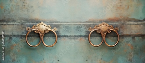 A copy space image of vintage bronze door handles on a textured concrete background providing room for text