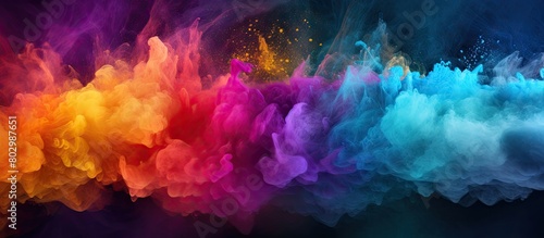 A colorful explosion of powdered colors creates an abstract background The motion is frozen capturing the vibrant colors and glitter texture in this copy space image