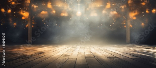 A copy space image of an empty show scene features lanterns a concrete floor and a captivating abstract background filled with bokeh lights and rays
