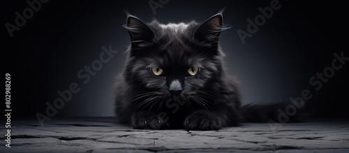 A cat with black fur crouches and tucks its ears copy space image