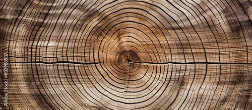A copy space image of a textured wood background displaying a top cut of a tree trunk with rings and a rough surface