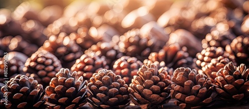 A close up image of pine cones with a focus on the entire frame to showcase the natural beauty of this subject. with copy space image. Place for adding text or design