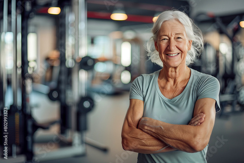 A woman is smiling and posing for a picture in a gym. She is wearing a gray shirt