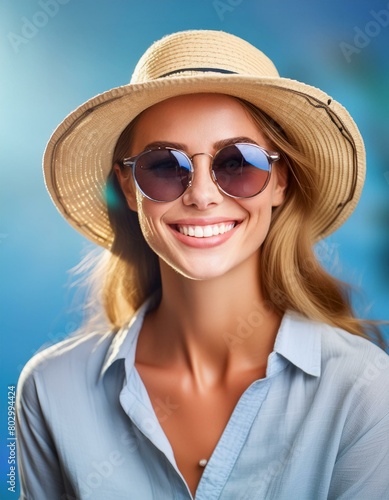 Hübsche Frau mit Strohhut und Sonnenbrille vor eine Blaue Hintergrund. 