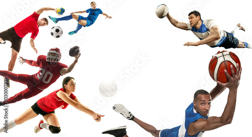 Sport collage. American football, basketball, volleyball, rugby, handball players with balls isolated on transparent background. Concept of sport, achievements, competition, championship.