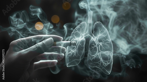 Hand holding a cigarette with smoke in the shape of a lung represents the dangers of smoking
