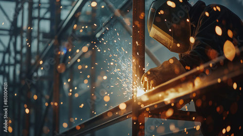 Close-up: Against the backdrop of scaffolding, a builder welds metal beams together, sparks flying as they fuse the pieces into a sturdy framework, the glow of molten metal illumin