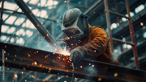 Close-up: Against the backdrop of scaffolding, a builder welds metal beams together, sparks flying as they fuse the pieces into a sturdy framework, the glow of molten metal illumin