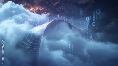 A digital scroll unrolling in front of a cloud, displaying encrypted codes and security certifications. 