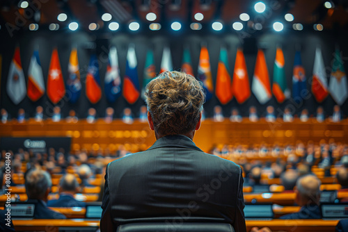 Rear view of male statesperson stands before global dignitaries, passionately advocating for diplomacy and cooperation, surrounded by world leaders and diplomats