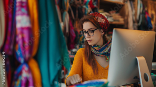 Close-up: Amidst a sea of colorful scarves and accessories, the young woman owner entrepreneur carefully selects items to fulfill online orders, her computer screen displaying cust