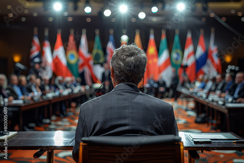 Rear perspective of a male statesperson passionately promoting diplomacy and cooperation to global dignitaries, amidst world leaders and diplomats