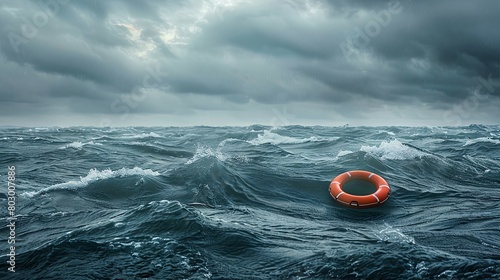 Lost lifebuoy adrift in stormy ocean waves