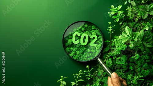 Magnifying glass on green background for climate change to limit global warming and sustainable development and green business concept