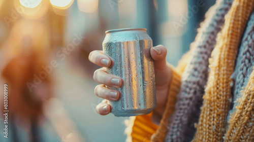 Close-up of a hand gripping a dewy beverage can, complemented by warm knitwear and blurred city lights in the background. Chilled Beverage Can Held in a Cozy Urban Setting