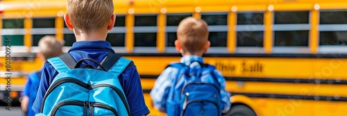 Child with backpack walking towards the school bus from a rear view for school transportation