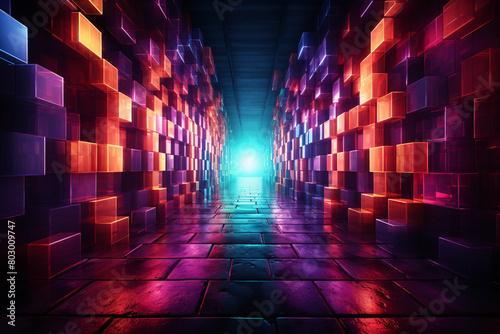 A long hallway with colorful cubes arranged in a grid pattern and a bright light at the end