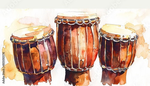 A watercolor painting of three conga drums