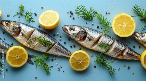 Perfectly arranged fresh sardines accompanied by slices of lemon, sprigs of rosemary, and scattered peppercorns on a blue background, illustrating freshness and quality in food preparation.