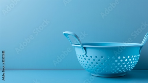 A vibrant blue colander sits elegantly against a matching blue background, offering ample copy space on the right side for text.