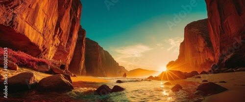 A beach scene with red rock cliffs in the foreground and a sunset over the ocean in the background.