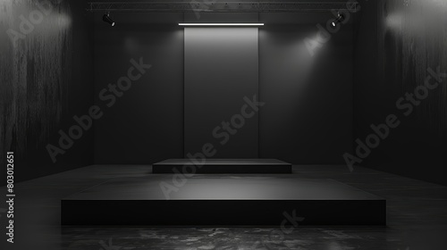 Create a realistic image of an empty stage with a spotlight. The stage should be made of dark wood. The spotlight should be positioned in the center of the stage.
